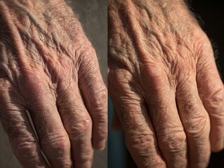 Fototapeta premium A young person's hand and an elderly person's hand are placed together to show the difference in blood vessels and skin texture.
