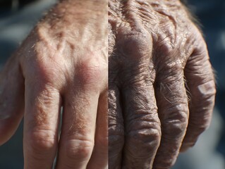 Fototapeta premium A young person's hand and an elderly person's hand are placed together to show the difference in blood vessels and skin texture.
