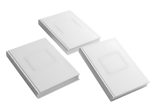 3d illustration of three plain white books arranged in a scattered formation on a transparent background, suggesting a collection of literature, knowledge, or study materials on transparent background
