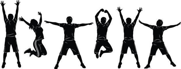 Jumping people silhouette set, energetic poses, expressive body movement, black vector figures, dynamic celebration concept, isolated on white background, energetic poses, expressive body movement, 