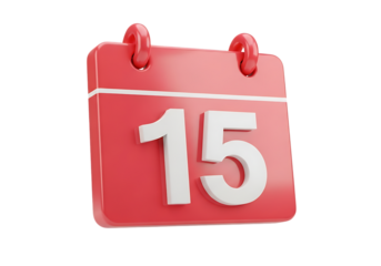 3d illustration of a red calendar page with the number 15 prominently displayed, symbolizing a date, appointment, or event, isolated on transparent background on transparent background