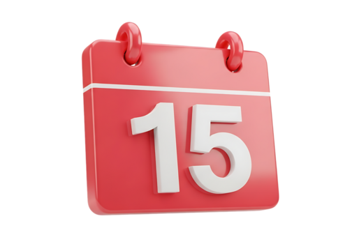3d illustration of a red calendar page with the number 15 prominently displayed, symbolizing a date, appointment, or event, isolated on transparent background on transparent background