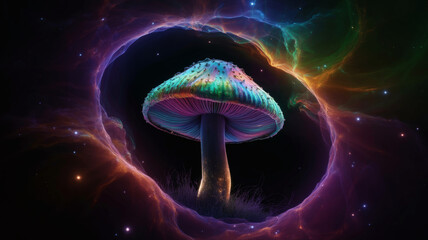 Glowing psychedelic mushroom in cosmic nebula space fantasy