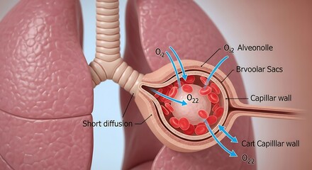 Detailed illustration of human lung anatomy and oxygen exchange process.