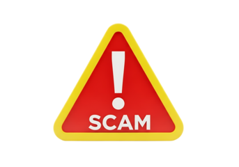 3d illustration of red triangular warning sign with an exclamation mark and the word scam, isolated on transparent background on transparent background