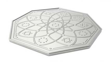 Intricate geometric pattern on a silver hexagonal object, isolated on transparent background
