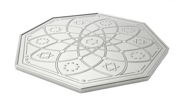 Intricate geometric pattern on a silver hexagonal object, isolated on transparent background