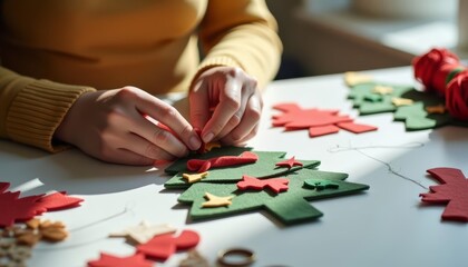 Fototapeta premium A person with light brown skin and long hair crafts decorations for a Christmas tree using colorful felt shapes on a table.