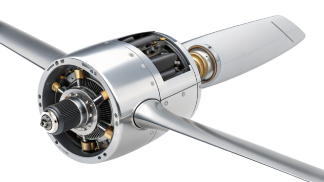 Detailed view of a modern aircraft engine propeller and nacelle isolated on transparent background