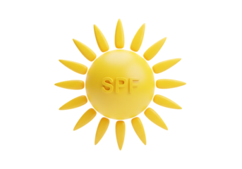 3d illustration of a bright yellow sun symbol with spf embossed on it, isolated on transparent background on transparent background