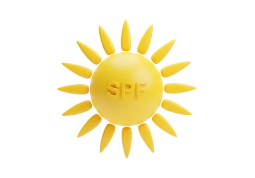3d illustration of a bright yellow sun symbol with spf embossed on it, isolated on transparent background on transparent background