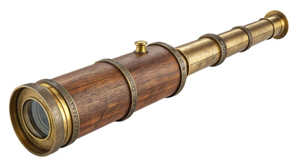 Fototapeta premium A vintage brass and wood spyglass telescope with leather accents isolated on transparent background