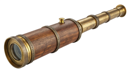 A vintage brass and wood spyglass telescope with leather accents isolated on transparent background