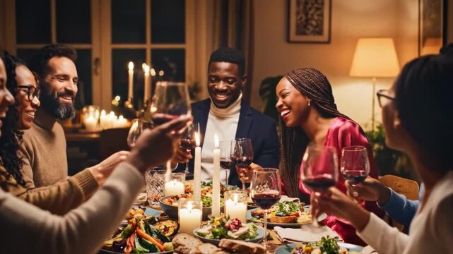 Friends Laughing Around Dining Table Home Dinner Party