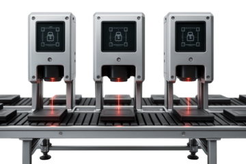 High-tech production line with quality control laser scanners isolated with transparent background