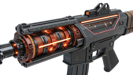 Futuristic scifi weapon with glowing internal components, isolated on transparent background