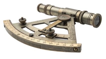 Antique brass sextant with telescope for navigation, isolated on transparent background
