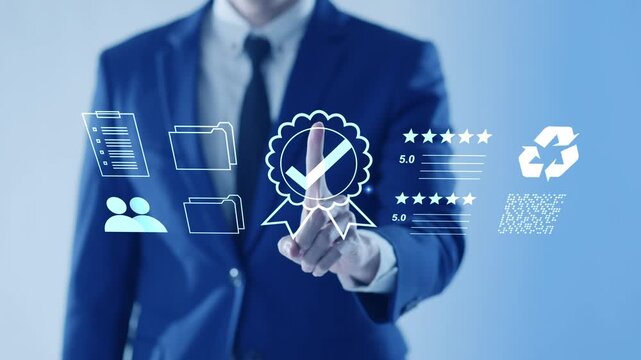 Corporate businessman completing a digital certify checklist for compliance and document verification using AI technology.