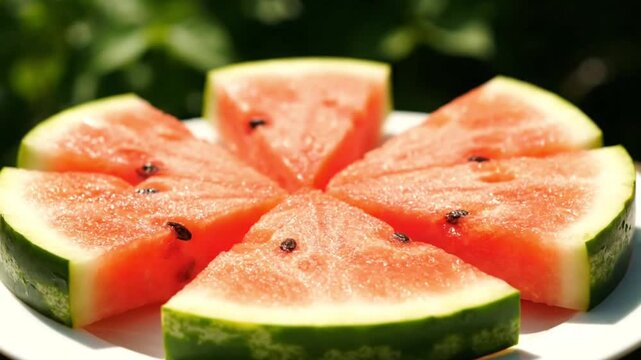 Freshly cut red watermelon slices arranged beautifully on a plate outdoors