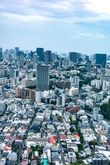 高層ビルから望む雨の日の東京