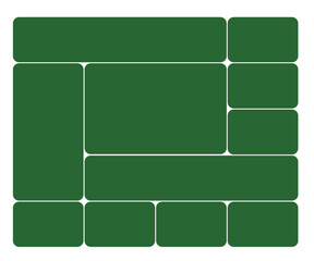 Vector art of green rectangular grid layout with nine blocks in various sizes
