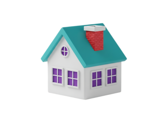 3d illustration of a small, stylized house with a teal roof and red chimney, isolated on transparent background, representing home, real estate, and dwelling on transparent background