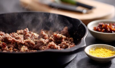 close-up process shot of ground beef browning in a black cast-iron skillet, steam rising from sizzling meat, garlic powder and onion powder sprinkled evenly across the beef