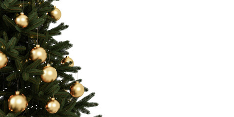 Close up christmas tree with gold ornaments isolated on transparent