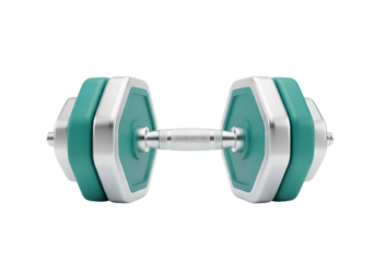 3d illustration of modern hexagonal dumbbell with silver and teal accents, designed for fitness and weightlifting, isolated on transparent background on transparent background
