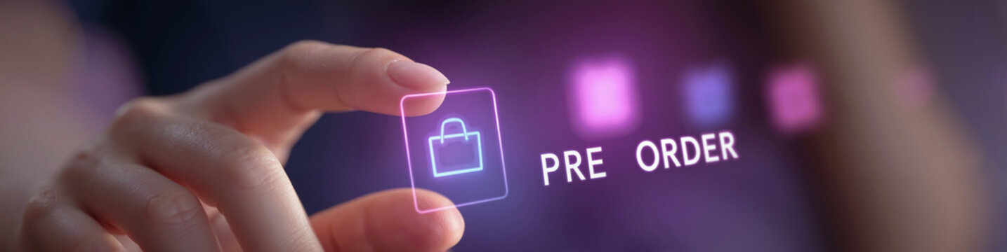 Close-up of Asian gamer's hand touching "Pre Order" button with shopping bag icon on virtual screen, realistic high-resolution photo with neon-purple background