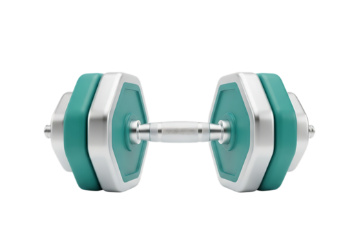3d illustration of modern hexagonal dumbbell with silver and teal accents, designed for fitness and weightlifting, isolated on transparent background on transparent background