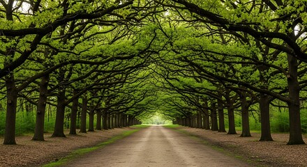 Naklejka premium Enchanting Forest Path Lined with Lush Green Trees Creating a Natural Archway.