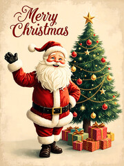 Cheerful Vintage Style Santa Claus Waving Beside Decorated Christmas Tree with Presents and "Merry Christmas" Text for Holiday Card Design