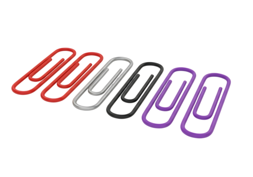 3d illustration of assortment of colorful paper clips in red, grey, black, and purple, neatly arranged for office or school use, isolated on transparent background on transparent background