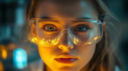 A young female scientist wearing clear safety glasses while working in a laboratory illuminated with warm yellow light, symbolizing science, research, innovation, and modern laboratory environment.