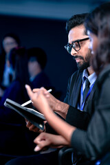 Future AI strategy talk. Male visionary leader explains ethical AI implementation or market...