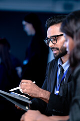 Future AI strategy talk. Male visionary leader explains ethical AI implementation or market...