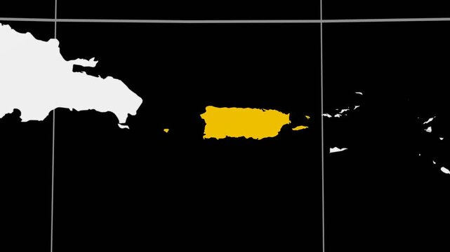 Puerto Rico map. Animated zoom into the country on the Globe in Black White color palette. Country logo animation. Map with meridians, parallels. Classic video.