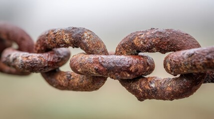 Fototapeta premium Weathered iron chain links show signs of rust and aging in a misty outdoor setting.