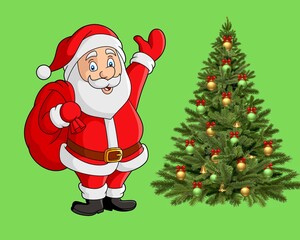 A cartoon illustration of a smiling Santa Claus with a white beard and red suit, holding a red sack of gifts on his shoulder. He stands next to a green Christmas tree decorated with red ornaments. 1