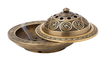 Antique brass incense burner with ornate carvings and wisps of smoke, isolated on transparent background
