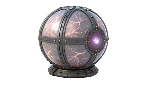 Mysterious glowing orb with intricate metal casing and purple energy, isolated on transparent background - Powered by Adobe
