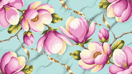 Beautiful Magnolia Blossoms with Gold Accents on Marble Background Illustration