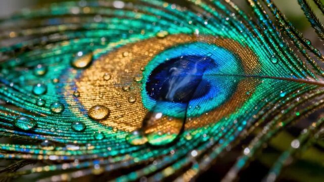Peacock Feather Close-up with Water Droplets Macro Photography