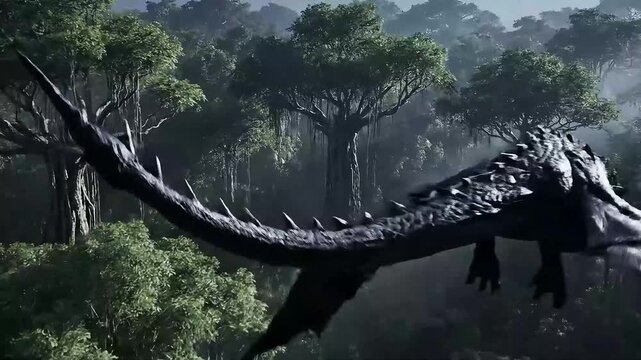 The shadow of a colossal, mythical beast passing over a dense jungle canopy. Low-light aerial shot, brief movement