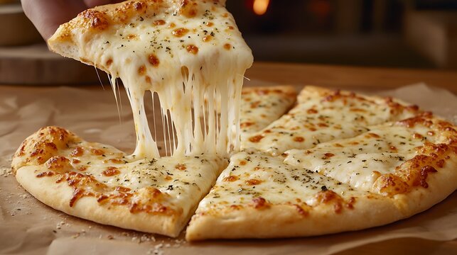 Slice of four cheese pizza being pulled, stretchy cheese strings