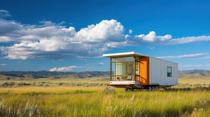 A sleek tiny home stands in a lush green field surrounded by rolling hills and vibrant skies.