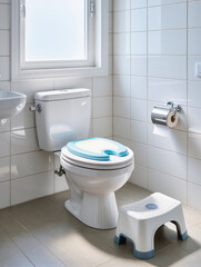 a bright modern bathroom interior with a white toilet, step stool, and folded children&rsquo;s training seat on top