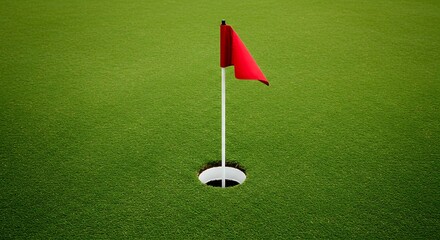Obraz premium Golf Hole with Red Flag on Green Course.
