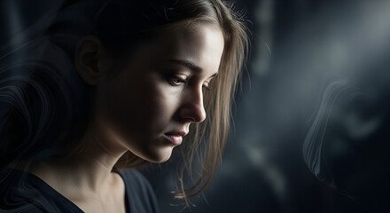 Young woman looking down with thoughtful expression in dim light  